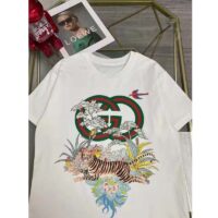 Gucci Women GG Tiger Interlocking G T-Shirt White Cotton Jersey Flower Crewneck Oversize Fit