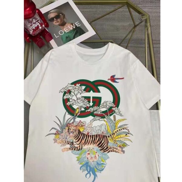 Gucci Women GG Tiger Interlocking G T-Shirt White Cotton Jersey Flower Crewneck Oversize Fit (11)