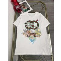 Gucci Women GG Tiger Interlocking G T-Shirt White Cotton Jersey Flower Crewneck Oversize Fit