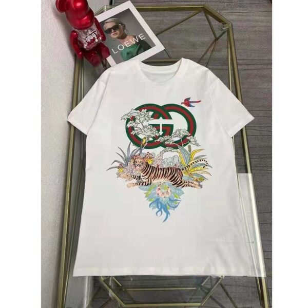 Gucci Women GG Tiger Interlocking G T-Shirt White Cotton Jersey Flower Crewneck Oversize Fit (12)