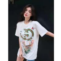 Gucci Women GG Tiger Interlocking G T-Shirt White Cotton Jersey Flower Crewneck Oversize Fit