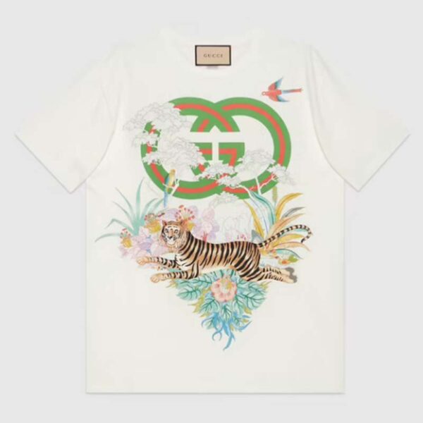 Gucci Women GG Tiger Interlocking G T-Shirt White Cotton Jersey Flower Crewneck Oversize Fit