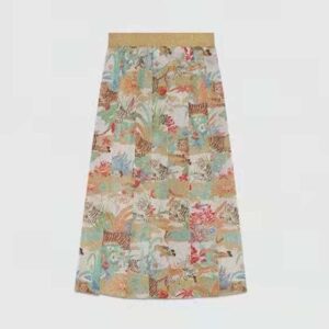 Gucci Women GG Tiger Jacquard Pleated Skirt Gold Green Tiger Flower Extra Fine Lurex