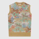 Gucci Damen GG Tiger Jacquard Weste Gold Grün Tiger Flower Extra Fine Lurex Rundhalsausschnitt