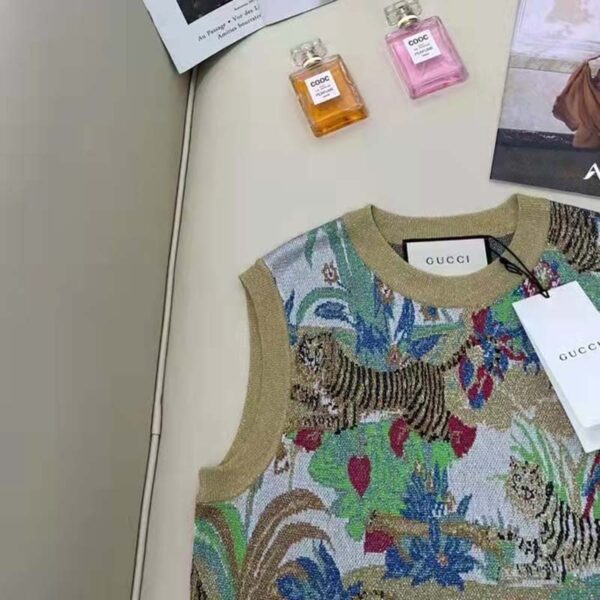 Gucci Women GG Tiger Jacquard Vest Gold Green Tiger Flower Extra Fine Lurex Crewneck (8)