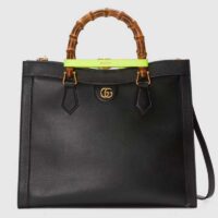 Gucci Women Gucci Diana Medium Tote Bag Double G Black Leather Bamboo Handles (10)