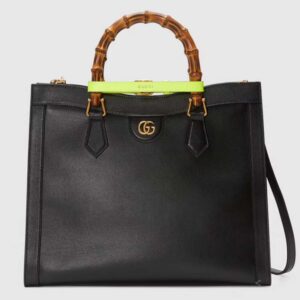 Gucci Women Gucci Diana Medium Tote Bag Double G Black Leather Bamboo Handles