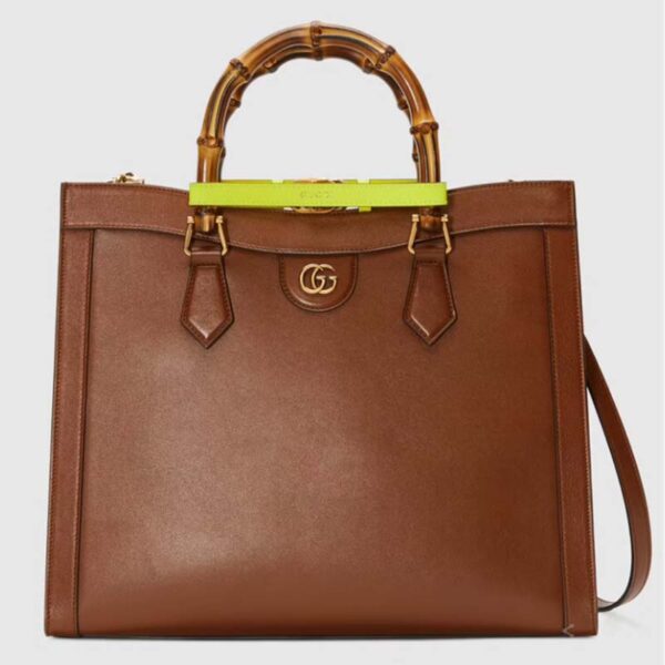 Gucci Women Gucci Diana Medium Tote Bag Double G Brown Leather Bamboo Handles (2)
