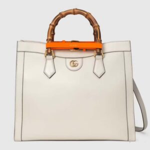 Gucci Women Gucci Diana Medium Tote Bag Double G White Leather Bamboo Handles