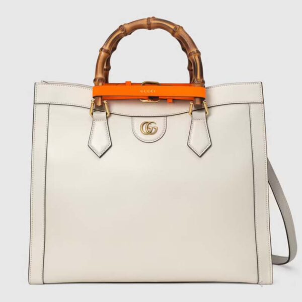 Gucci Women Gucci Diana Medium Tote Bag Double G White Leather Bamboo Handles (1)