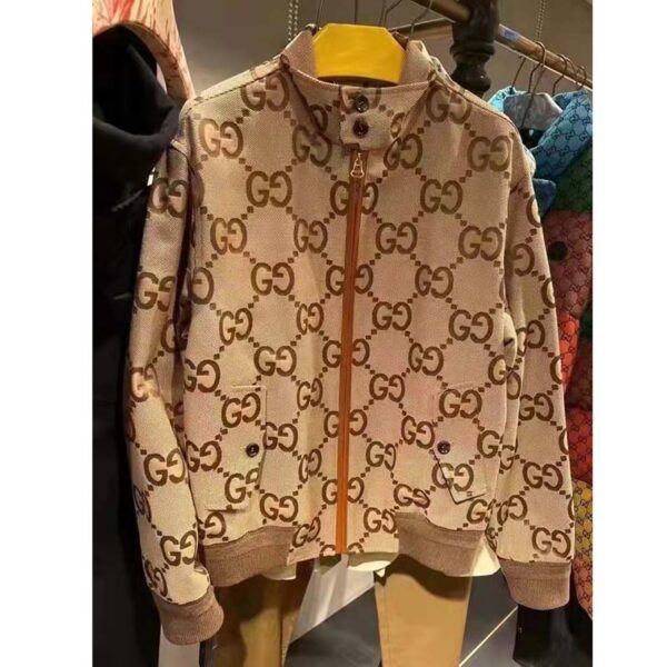 Gucci Women Jumbo GG Canvas Jacket Beige Ebony Jumbo Cotton Wool Leather (1)