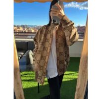 Gucci Women Jumbo GG Canvas Jacket Beige Ebony Jumbo Cotton Wool Leather (7)