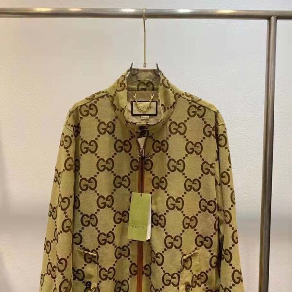 Gucci Women Jumbo GG Canvas Jacket Beige Ebony Jumbo Cotton Wool Leather (17)