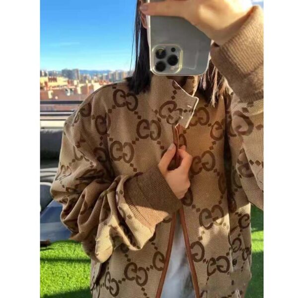 Gucci Women Jumbo GG Canvas Jacket Beige Ebony Jumbo Cotton Wool Leather (2)
