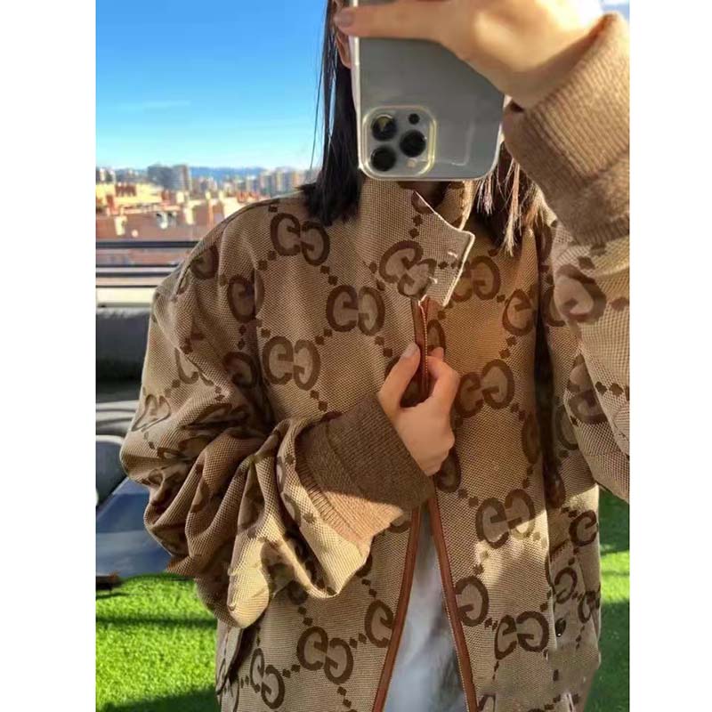 Gucci Women Jumbo GG Canvas Jacket Beige Ebony Jumbo Cotton Wool Leather