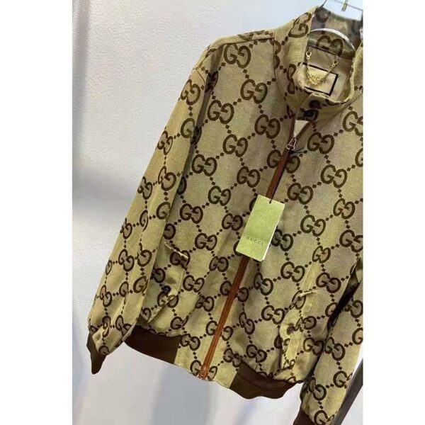 Gucci Women Jumbo GG Canvas Jacket Beige Ebony Jumbo Cotton Wool Leather (3)