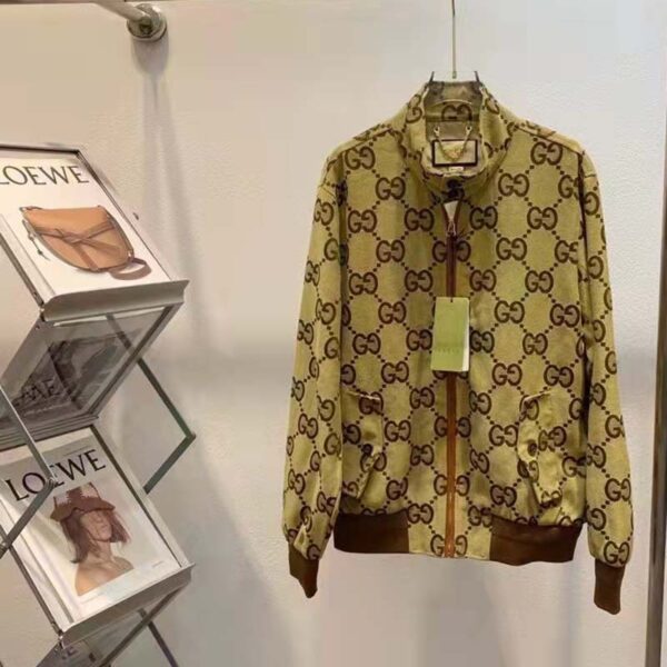 Gucci Women Jumbo GG Canvas Jacket Beige Ebony Jumbo Cotton Wool Leather (5)