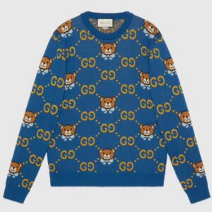 Gucci Women KAI x Gucci GG Jacquard Jumper Dark Blue Teddy Bear Wool Cotton Blend Crewneck