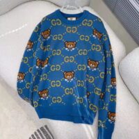 Gucci Women KAI x Gucci GG Jacquard Jumper Dark Blue Teddy Bear Wool Cotton Blend Crewneck (3)