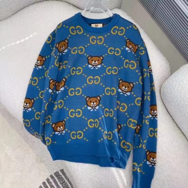 Gucci Women KAI x Gucci GG Jacquard Jumper Dark Blue Teddy Bear Wool Cotton Blend Crewneck (5)