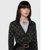 Gucci Women Lamé GG Jacquard Cardigan Black Beige Fine Cotton (4)