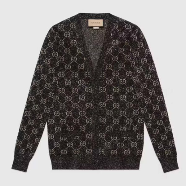 Gucci Women Lamé GG Jacquard Cardigan Black Beige Fine Cotton (4)