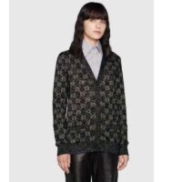 Gucci Women Lamé GG Jacquard Cardigan Black Beige Fine Cotton (4)