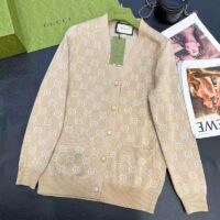 Gucci Women Lamé GG Jacquard Cardigan Camel Beige Fine Cotton (3)