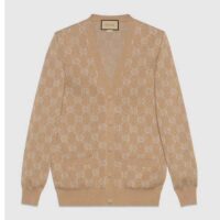 Gucci Women Lamé GG Jacquard Cardigan Camel Beige Fine Cotton