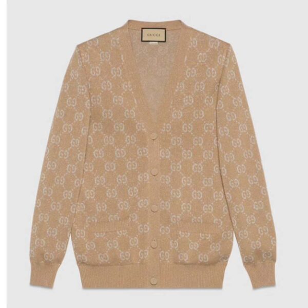 Gucci Women Lamé GG Jacquard Cardigan Camel Beige Fine Cotton (3)