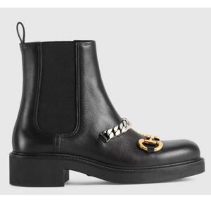 Gucci Women's Chelsea Boot Chain Black Leather Horsebit 3 cm Heel
