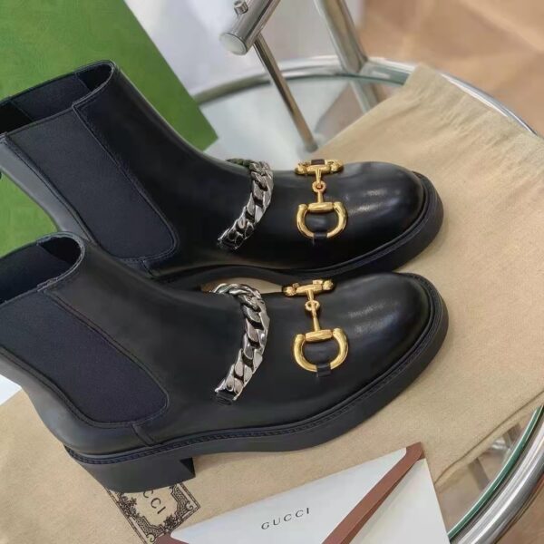 Gucci Women’s Chelsea Boot Chain Black Leather Horsebit 3 cm Heel (10)