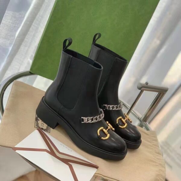 Gucci Women’s Chelsea Boot Chain Black Leather Horsebit 3 cm Heel (11)