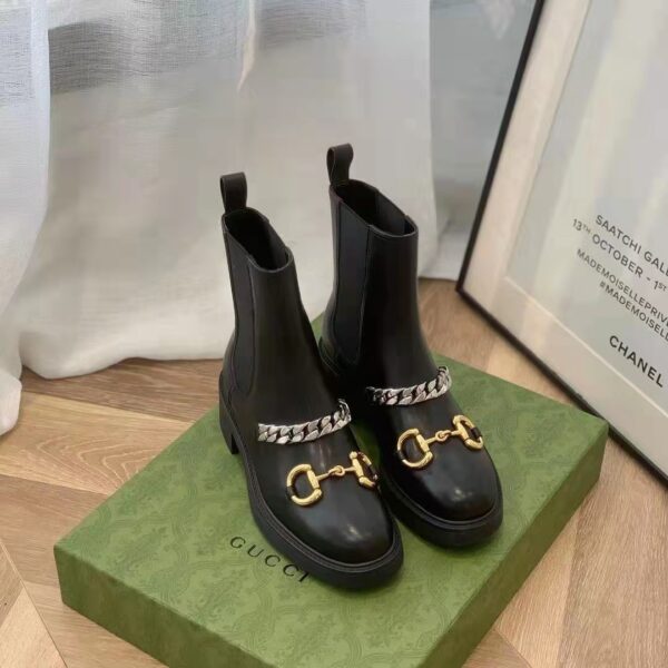 Gucci Women’s Chelsea Boot Chain Black Leather Horsebit 3 cm Heel (6)
