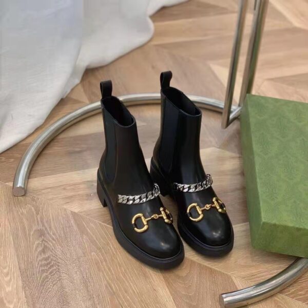 Gucci Women’s Chelsea Boot Chain Black Leather Horsebit 3 cm Heel (7)