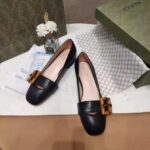 Gucci Women's GG Ballet Flat Bamboo Buckle Black Leather Round Toe Chunky Heel - Image 5
