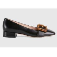 Gucci Women’s GG Ballet Flat Bamboo Buckle Black Leather Round Toe Chunky Heel (3)
