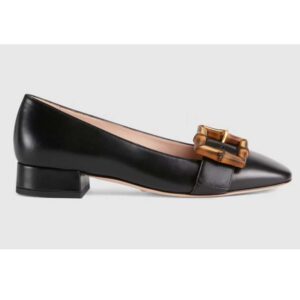 Gucci Women's GG Ballet Flat Bamboo Buckle Black Leather Round Toe Chunky Heel
