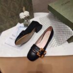 Gucci Women's GG Ballet Flat Bamboo Buckle Black Leather Round Toe Chunky Heel - Image 6