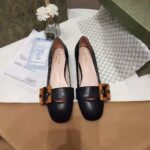 Gucci Women's GG Ballet Flat Bamboo Buckle Black Leather Round Toe Chunky Heel - Image 3