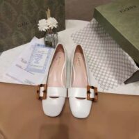 Gucci Women’s GG Ballet Flat Bamboo Buckle White Leather Round Toe Chunky Heel (8)