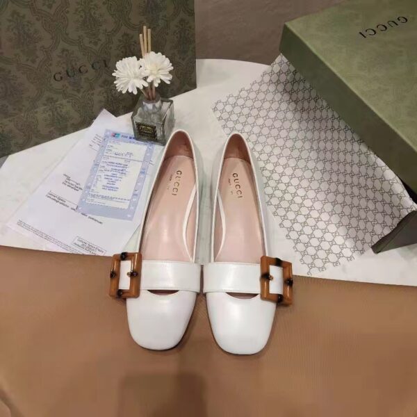Gucci Women’s GG Ballet Flat Bamboo Buckle White Leather Round Toe Chunky Heel (1)