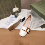 Gucci Women's GG Ballet Flat Bamboo Buckle White Leather Round Toe Chunky Heel - immagine 6