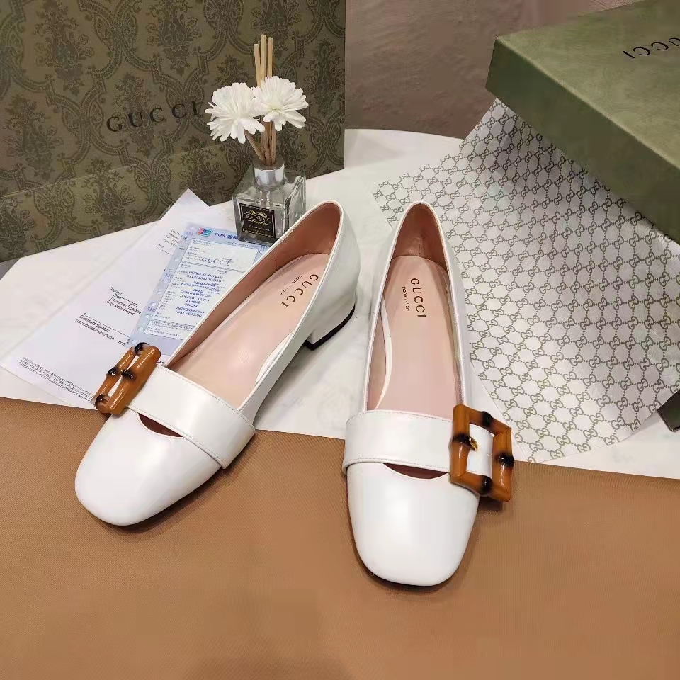 Gucci Women’s GG Ballet Flat Bamboo Buckle White Leather Round Toe Chunky Heel