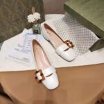 Gucci Women's GG Ballet Flat Bamboo Buckle White Leather Round Toe Chunky Heel - immagine 4