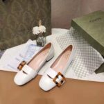 Gucci Women's GG Ballet Flat Bamboo Buckle White Leather Round Toe Chunky Heel - immagine 5