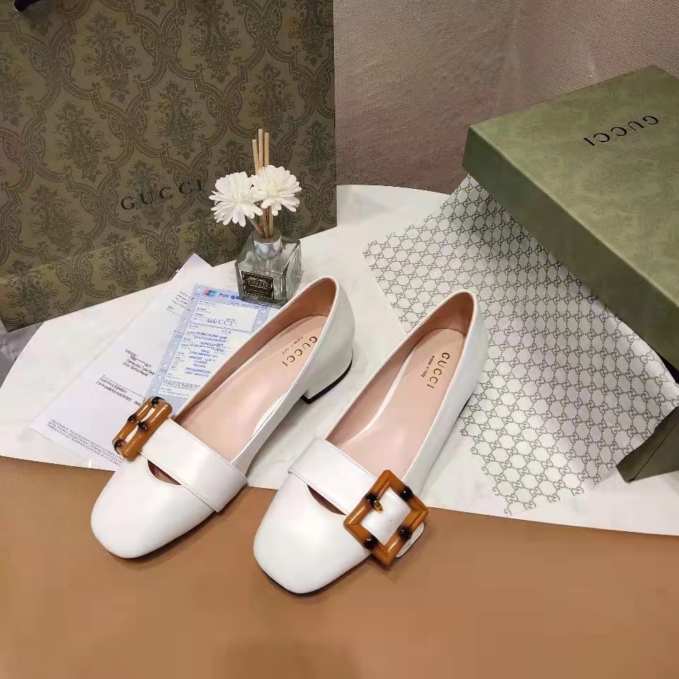 Gucci Women’s GG Ballet Flat Bamboo Buckle White Leather Round Toe Chunky Heel