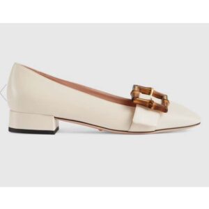Gucci Women's GG Ballet Flat Bamboo Buckle White Leather Round Toe Chunky Heel