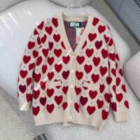 Gucci Women’s Les Pommes Cotton Heart Sweater White Hearts Knit Cotton Jacquard V-Neck (6)