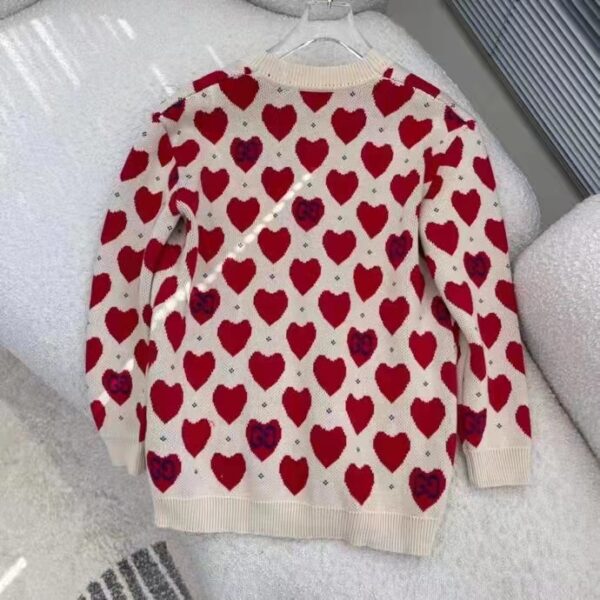 Gucci Women’s Les Pommes Cotton Heart Sweater White Hearts Knit Cotton Jacquard V-Neck (12)